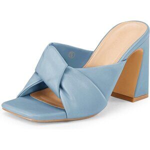 Women's Blue Chunky Heeled Mules Puffy Knot Square Open Toe Slip On Sandals
